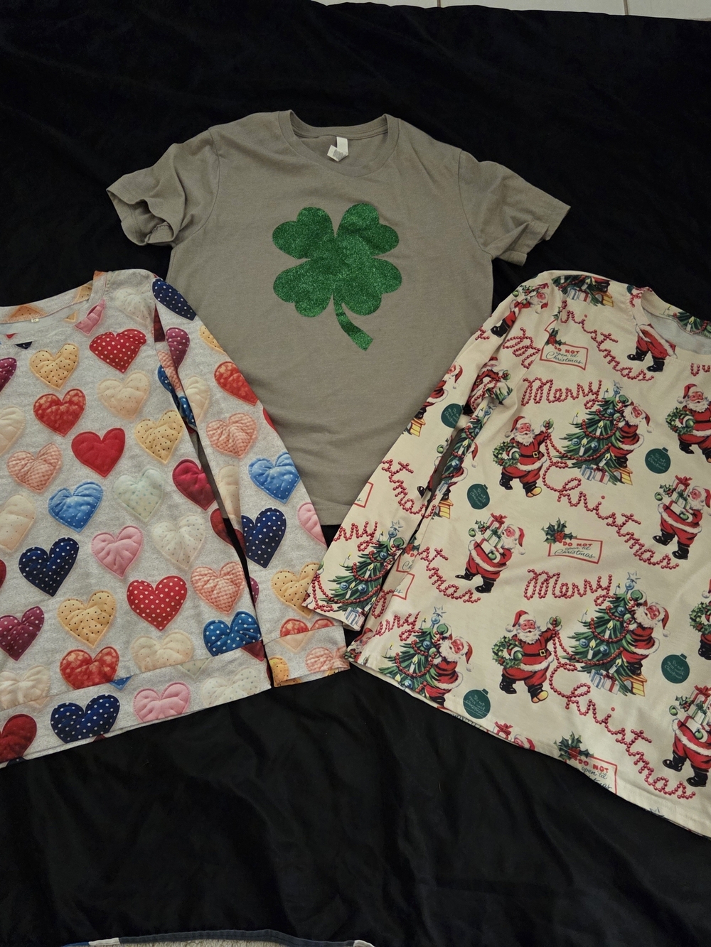 Gray Tee with Green Glitter Shamrock + Heart & Santa Print Tops